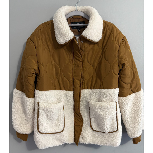 NWT Jason Maxwell Quilted Sherpa Jacket Brown Cream Faux Shearling Coat Women 1X - Picture 1 of 7